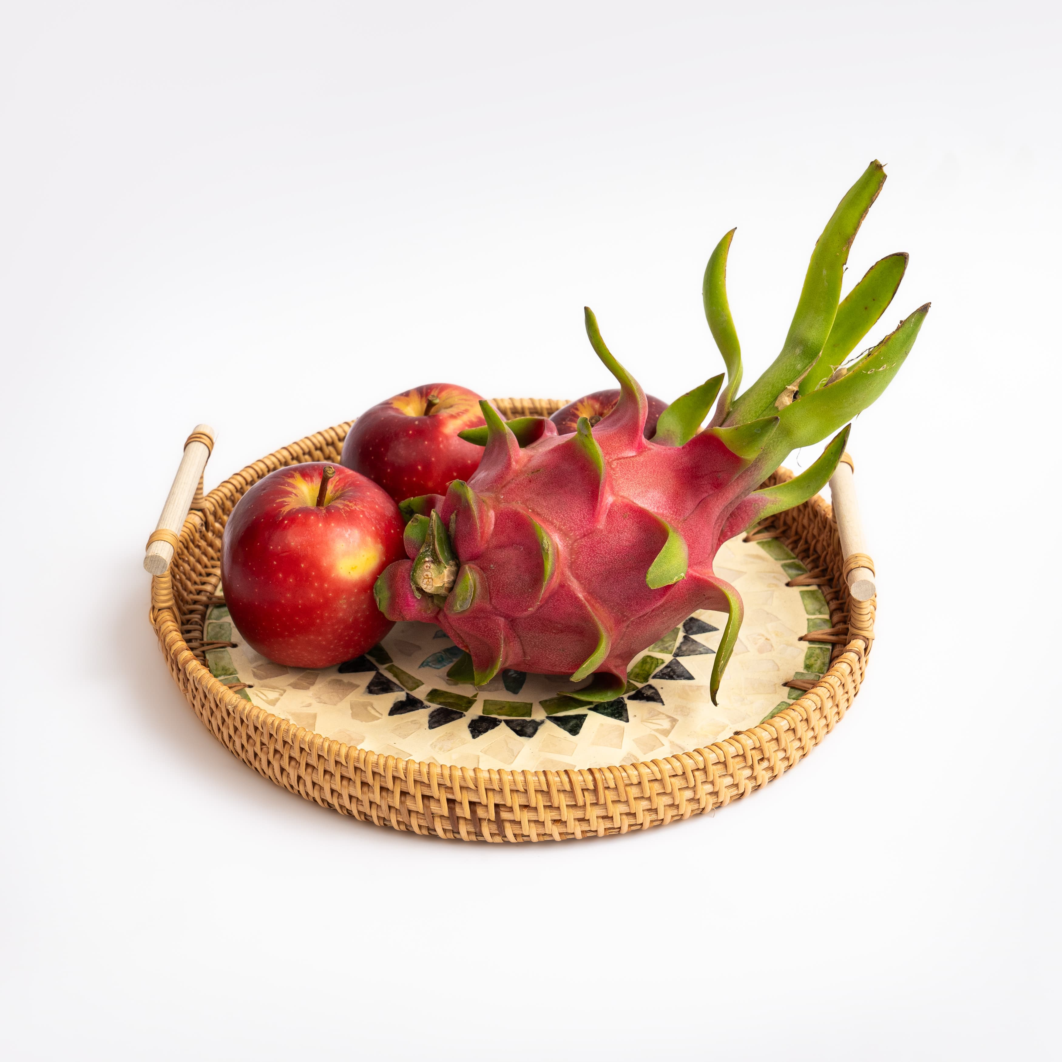 Product Rattan Round Tray – Mosaic Base, Low Rim, Separate Square Handles Image 3