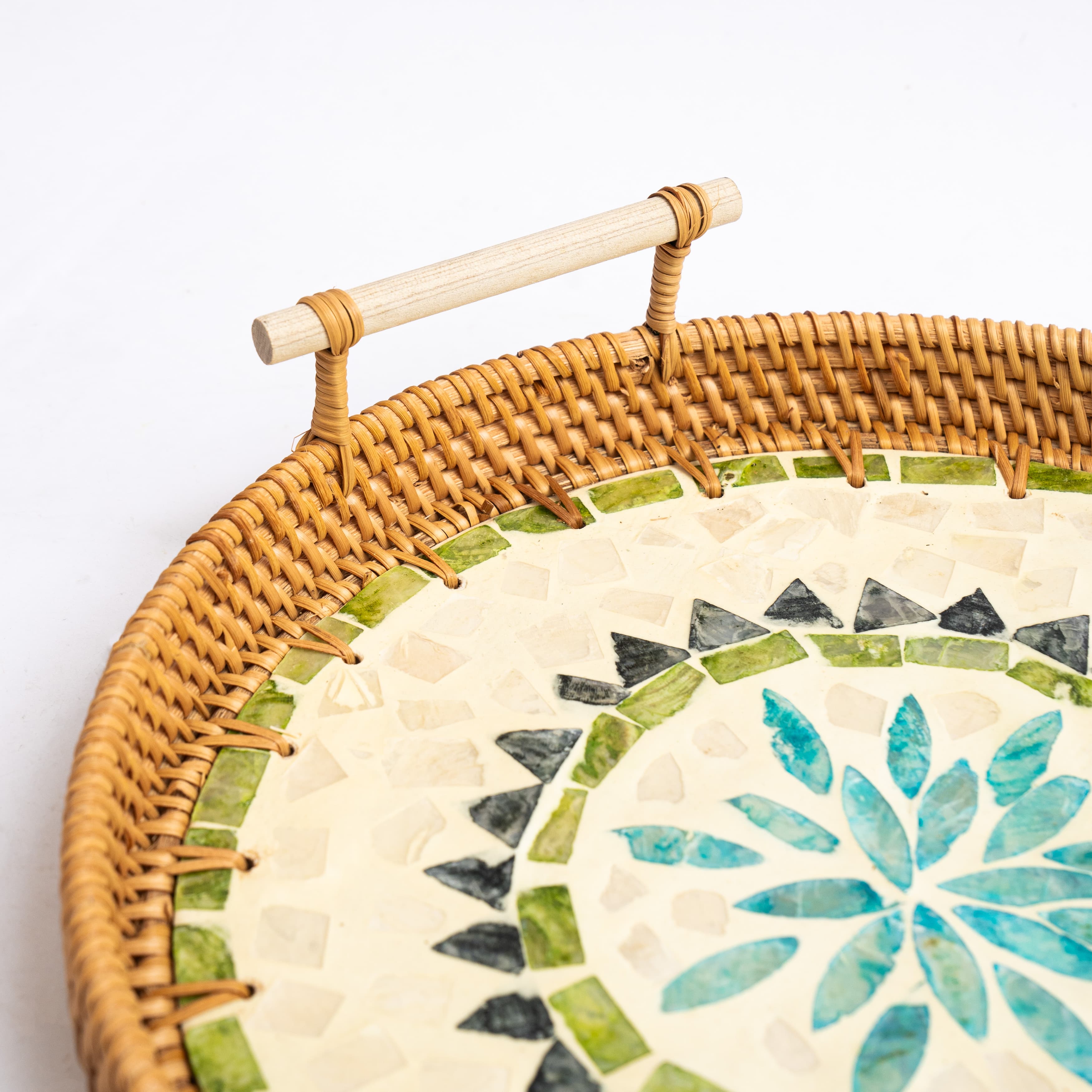 Product Rattan Round Tray – Mosaic Base, Low Rim, Separate Square Handles Image 4