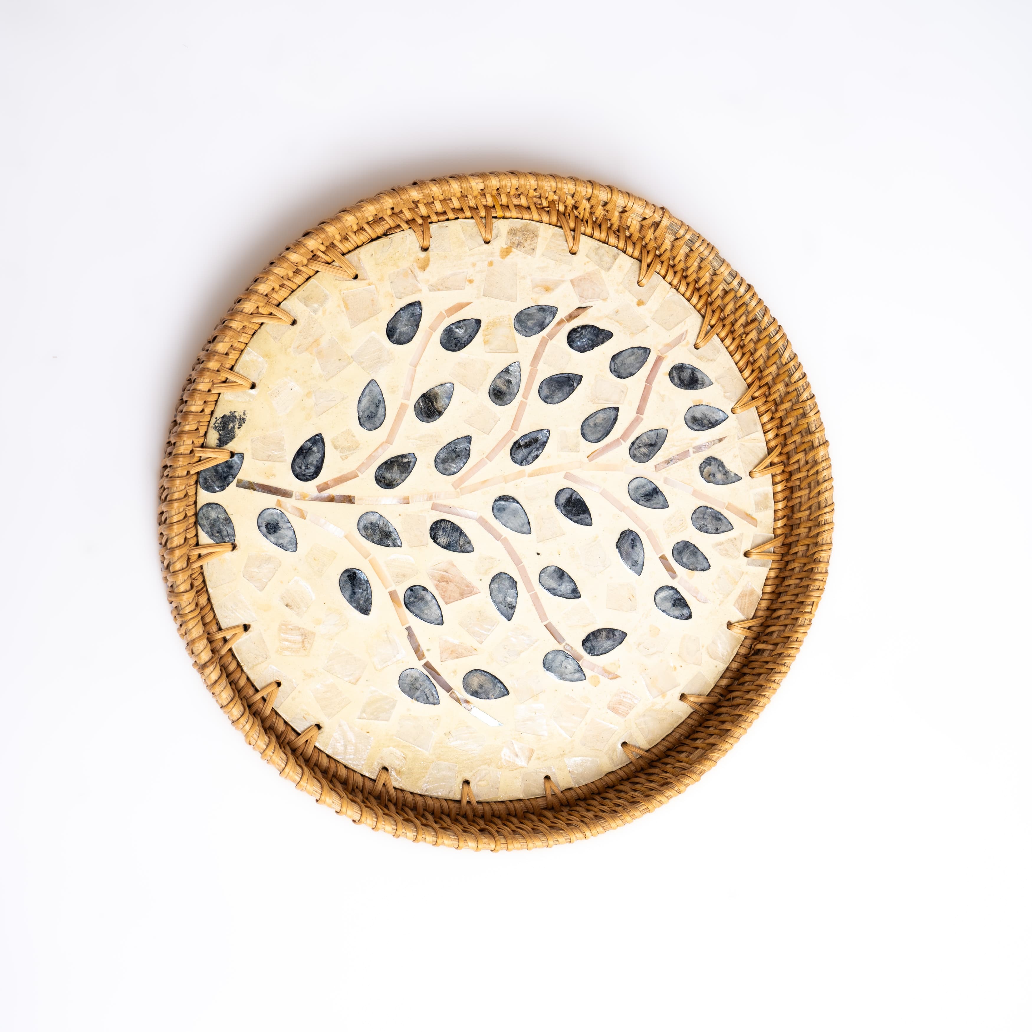 Product Rattan Round Tray – Mosaic Base, Low Rim Image 4