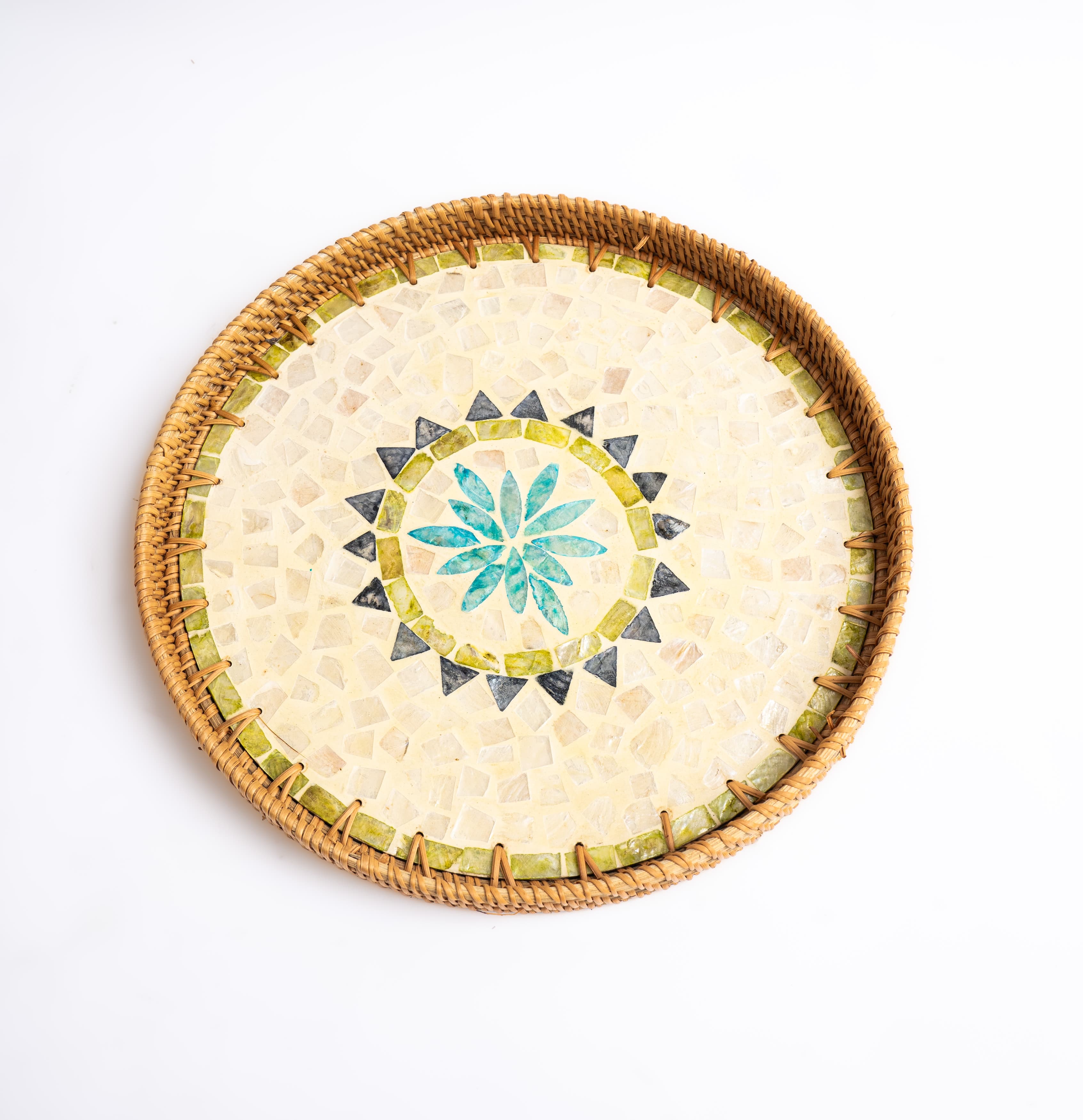 Product Rattan Round Tray – Mosaic Base, Low Rim Image 3